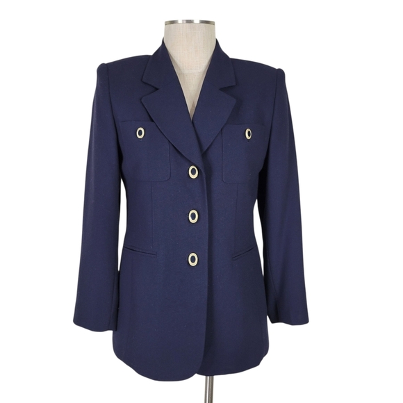 Kasper ASL Skirt Suit Size 6P Navy Longer Length 3 Button Blazer Pleated Petite - Picture 2 of 9